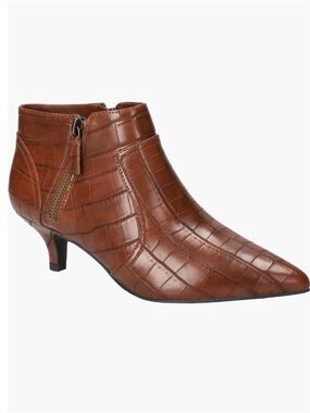 easy street Cognac Croc-Embossed Pointed Kitten Heel Ankle Booties